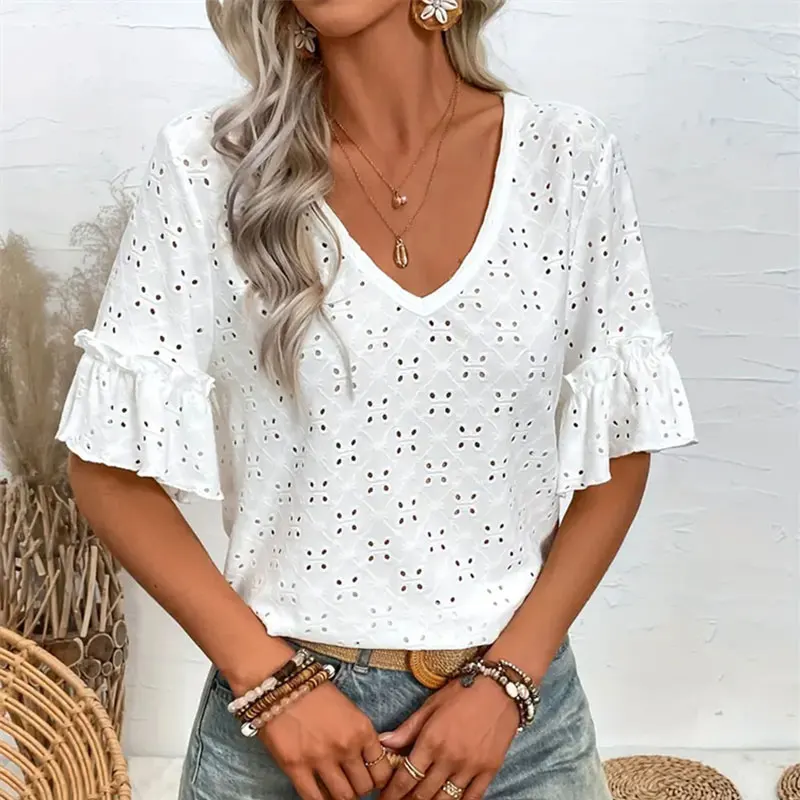 Women T-shirts Summer Female Clothing Solid T Shirt Causal V-neck Basic T-shirt Women High Quality Classical White Tops