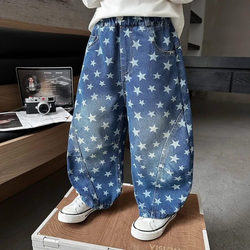 

Весенне-осенние детские джинсы с модным звездным принтом, свободные брюки для мальчиков, повседневные детские джинсы с лоскутным узором для детей 2-11 лет