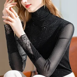 Mesh Bottom Shirt for Women's Spring and Autumn New High Collar Fashion Long Sleeved T-shirt Spliced with Lace Bright Silk Top