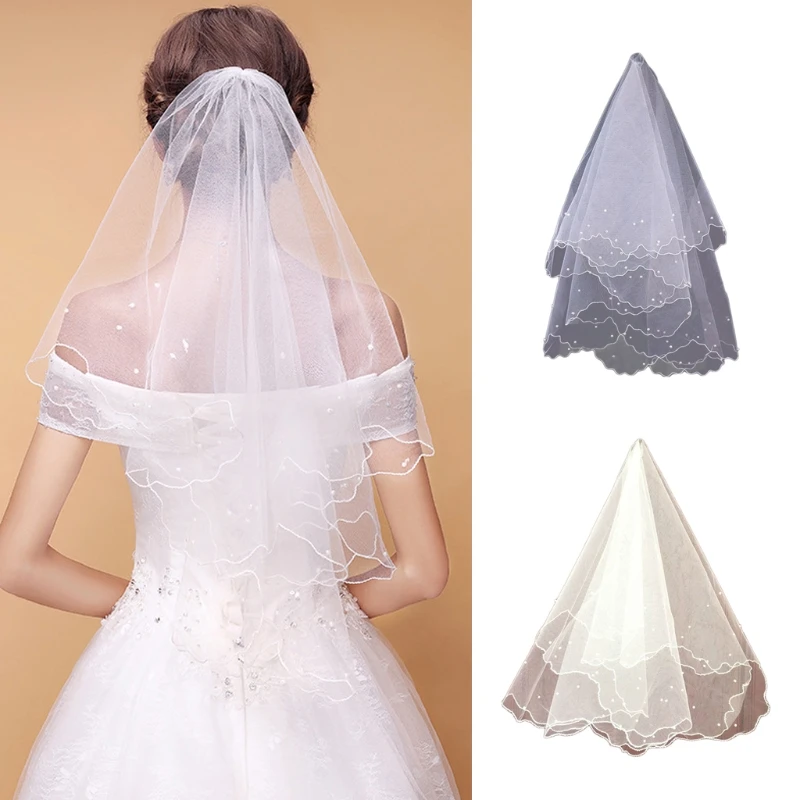 E15E Wedding Bridal Veil 1 Tier Cut Fingertip Length Imitation Pearl Beaded Short Tulle Veils Hair Accessories for Women