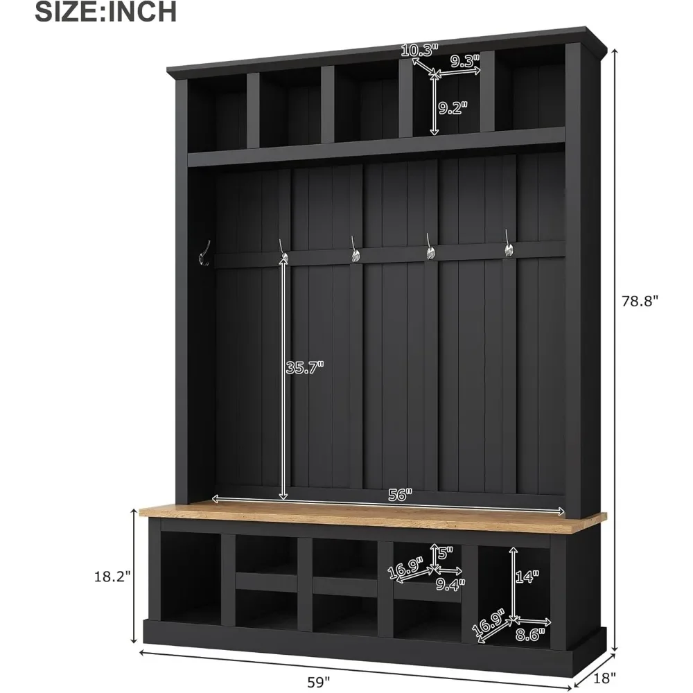 Farmhouse Wood Hall Tree with Bench and Shoe Storage