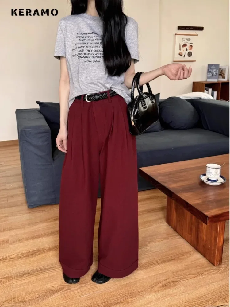 2024 Autumn Winter Vintage Casual Style Solid High Waist Suit Pants Women Fashion Red Loose Wide Leg Retro Full Length Trousers