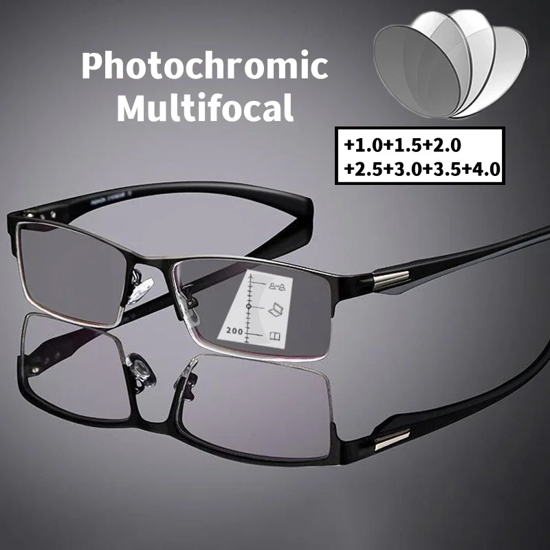 Business Progressive Multifocal Reading Glasses Trendy Near Far Presbyopia Vintage Photochromic Sun Glasses Eyewear +1.0 To +4.0