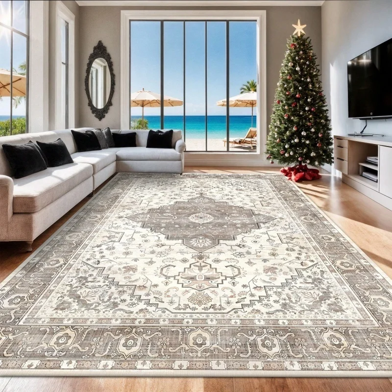 Vintage Beige Gray Persian Medallion Floral Large Felt Area Rug Non Slip Washable Living Room Floor Carpet