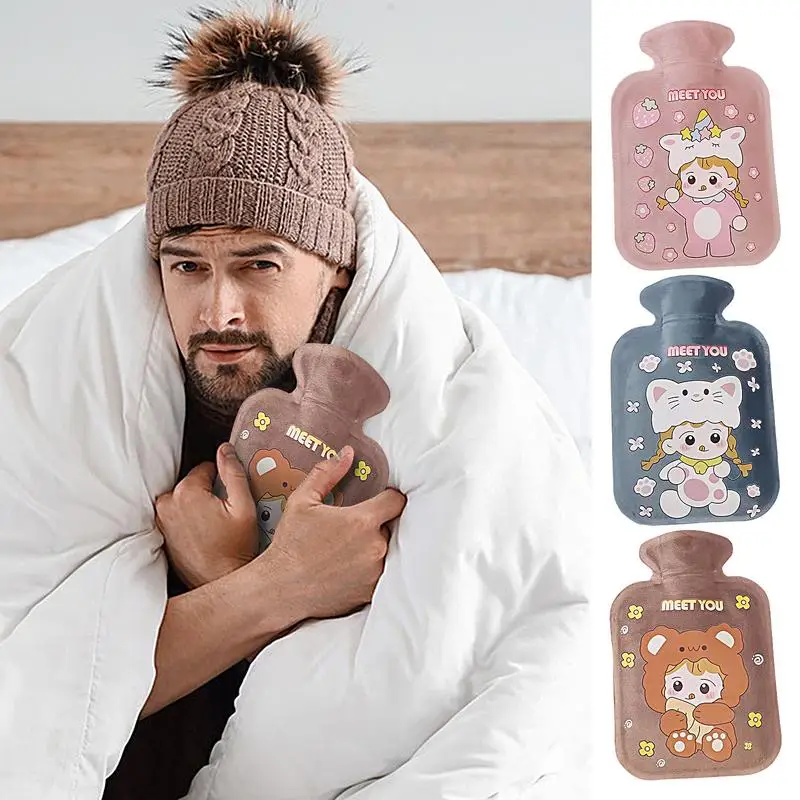 

Winter portable insulation hot water bottle durable cartoon short plush hot water bottle 500ml large capacity soft heating pad