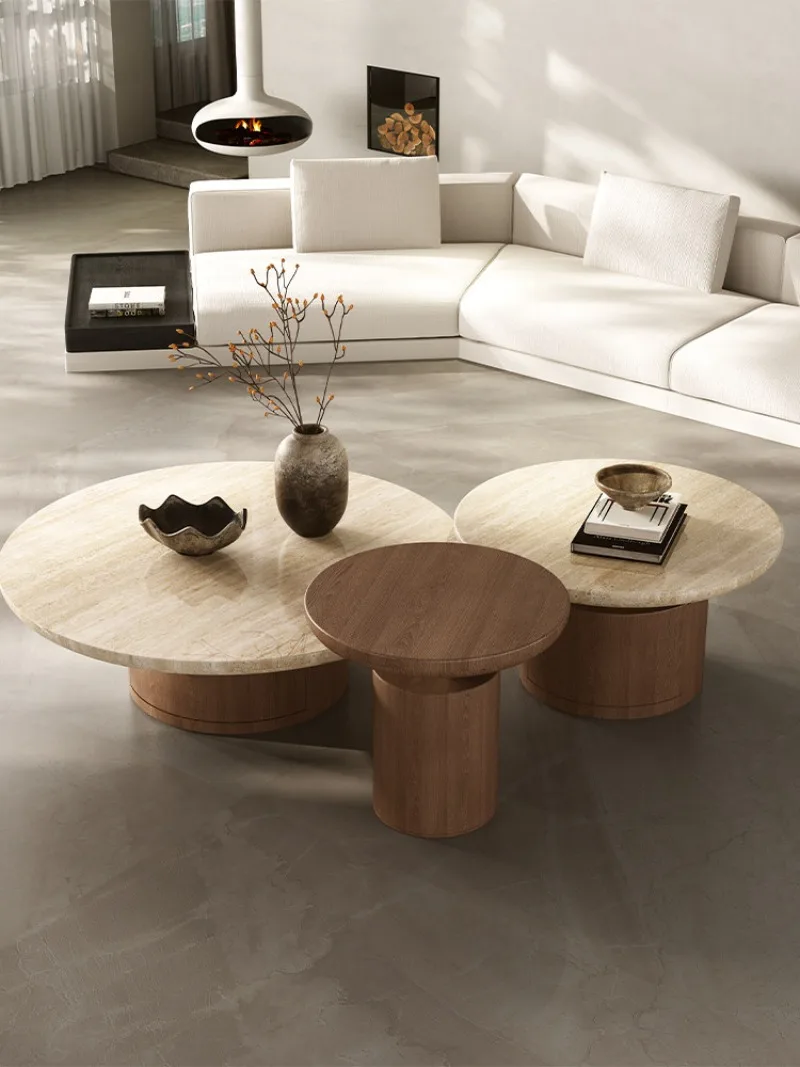 CX pure natural travertine coffee table combination French retro solid wood round coffee table