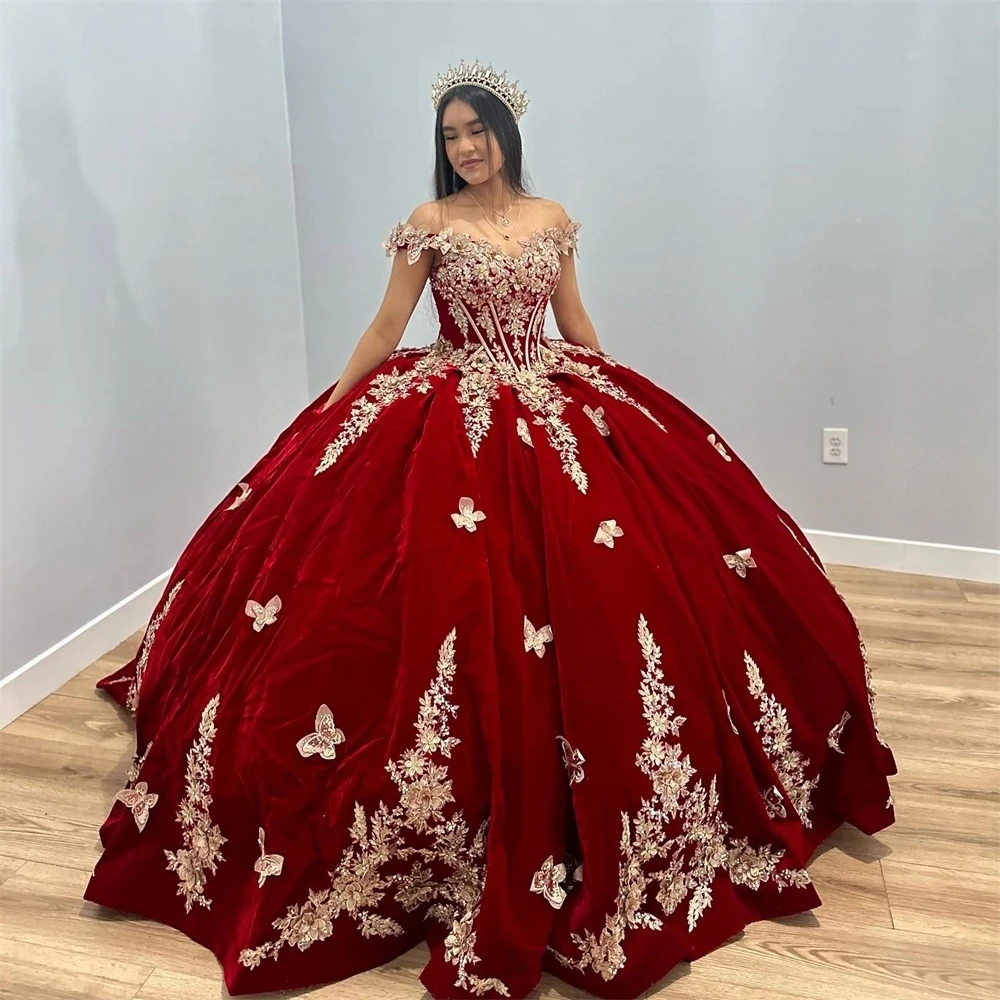 Red Charro Quinceanera Dresses Ball Gown Off The Shoulder Appliques Mexican Sweet 16 Dresses 15 Anos