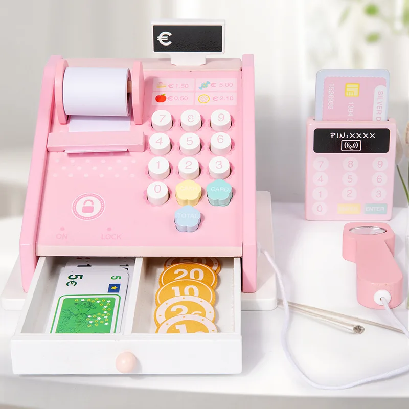 New Play House Toys Wooden Cash Register Toys Simulation Supermarket Checkout Counter Children Role-Play Toys Girl Birthday Gift