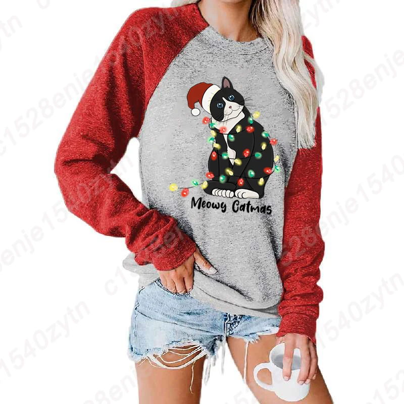 S-XXL Plus Size Tops Autumn And Winter Clothes Women Pullover Christmas Light Cat Meowy Catmas Print Ladies Pullover Sweatshirts