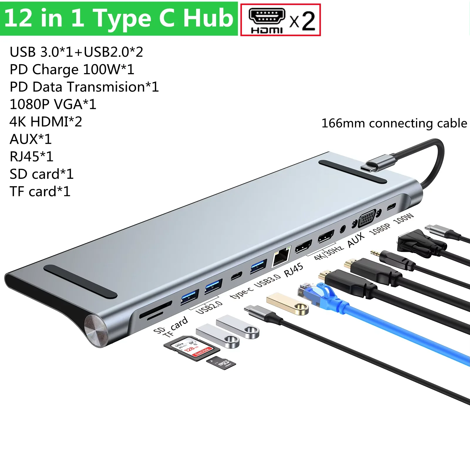 FC&EC 11/12-in-1 Type C Dock USB C Hub 3.0 Splitter Multiport Adapter 4K RJ45 SD/TF VGA HDMI-compatible Laptop MacBook iPad