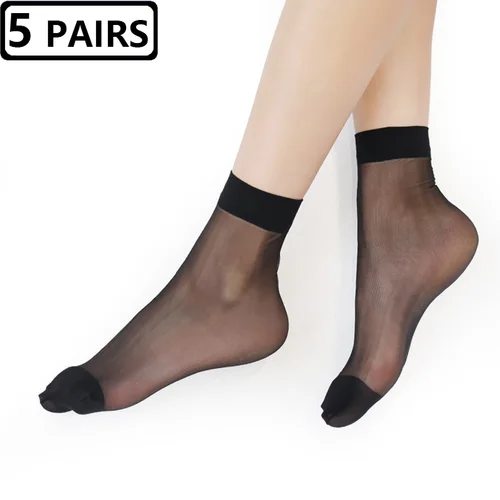 Imagen 2 del producto 5 pares de calcetines finos para mujer, calcetines de seda de cristal transparente de verano, calcetines cortos hasta el tobillo elásticos y sedosos de Color de piel negra para niñas