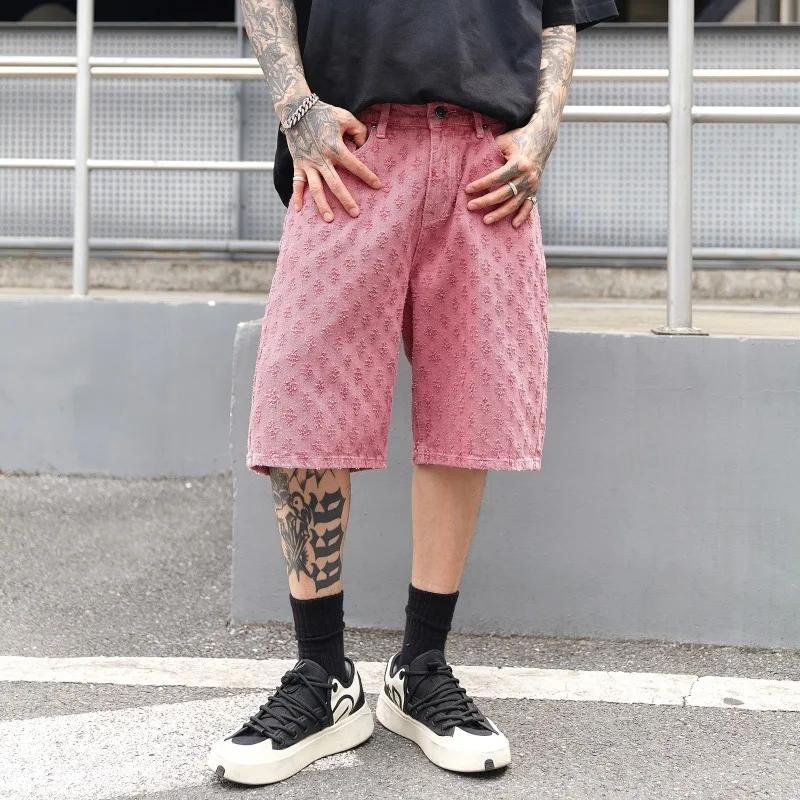 

Мужские розовые рваные мешковатые джинсы длиной до колена, летние уличные шорты Y2K, повседневные свободные винтажные прямые джинсовые шорты, мода 2023 г.