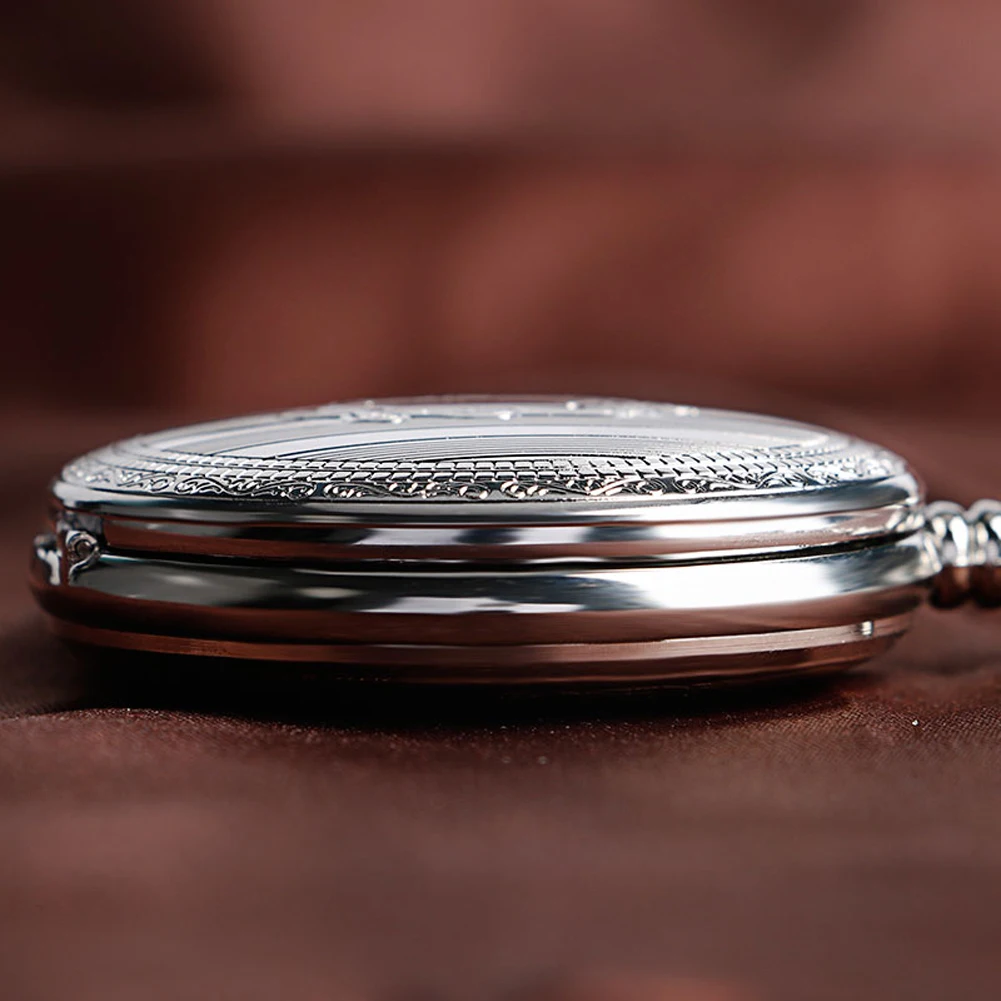 Silver Shield Automatic Mechanical Pocket Watch Arabic Numerals Display Self-Winding Pendant Antique Pocket Clock Male Gifts