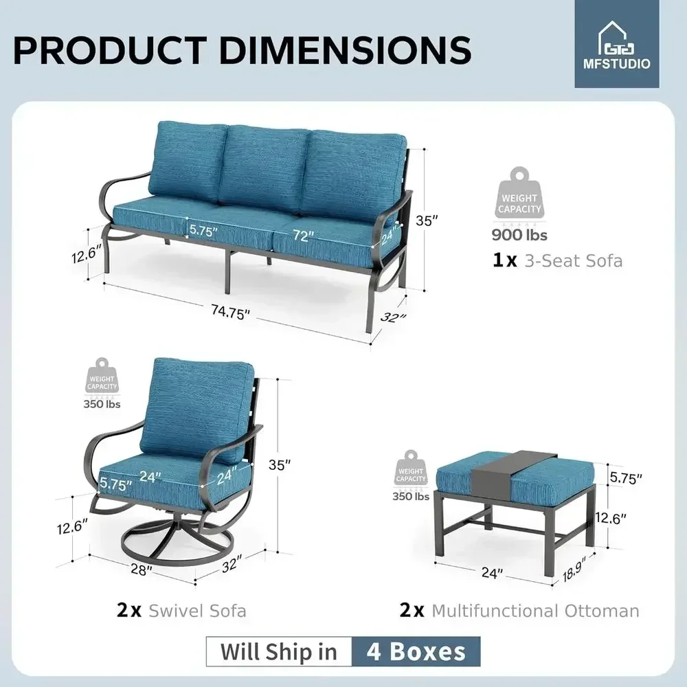 5 Pieces Patio Contion Sets,Outdoor Metal urniture Soas with 1 x 3-Seat Soa, 2 x Swivel Chairs,2 x Ottoman,Wrought Iron e with P