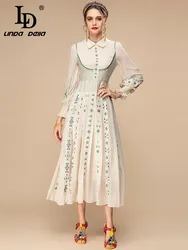 LD LINDA DELLA 2023 New Fashion Runway Spring Dress Women Lantern sleeve Draped Embroidery Party Vintage Midi Dresses