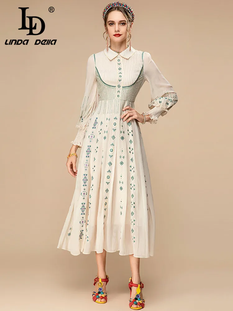 LD LINDA DELLA 2023 New Fashion Runway Spring Dress Women Lantern sleeve Draped Embroidery Party Vintage Midi Dresses