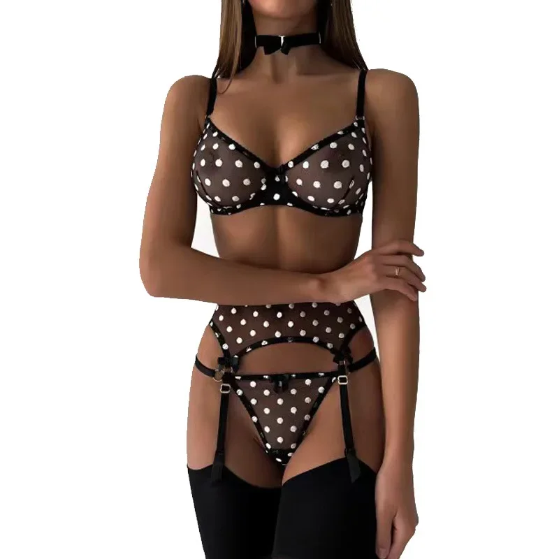 Himealavo Polk Dot Lingerie Sexy Female Underwear 4-Piece Fancy Intimate Set Luxury Erotic Bra And Panty Fetish Garter Belt Set