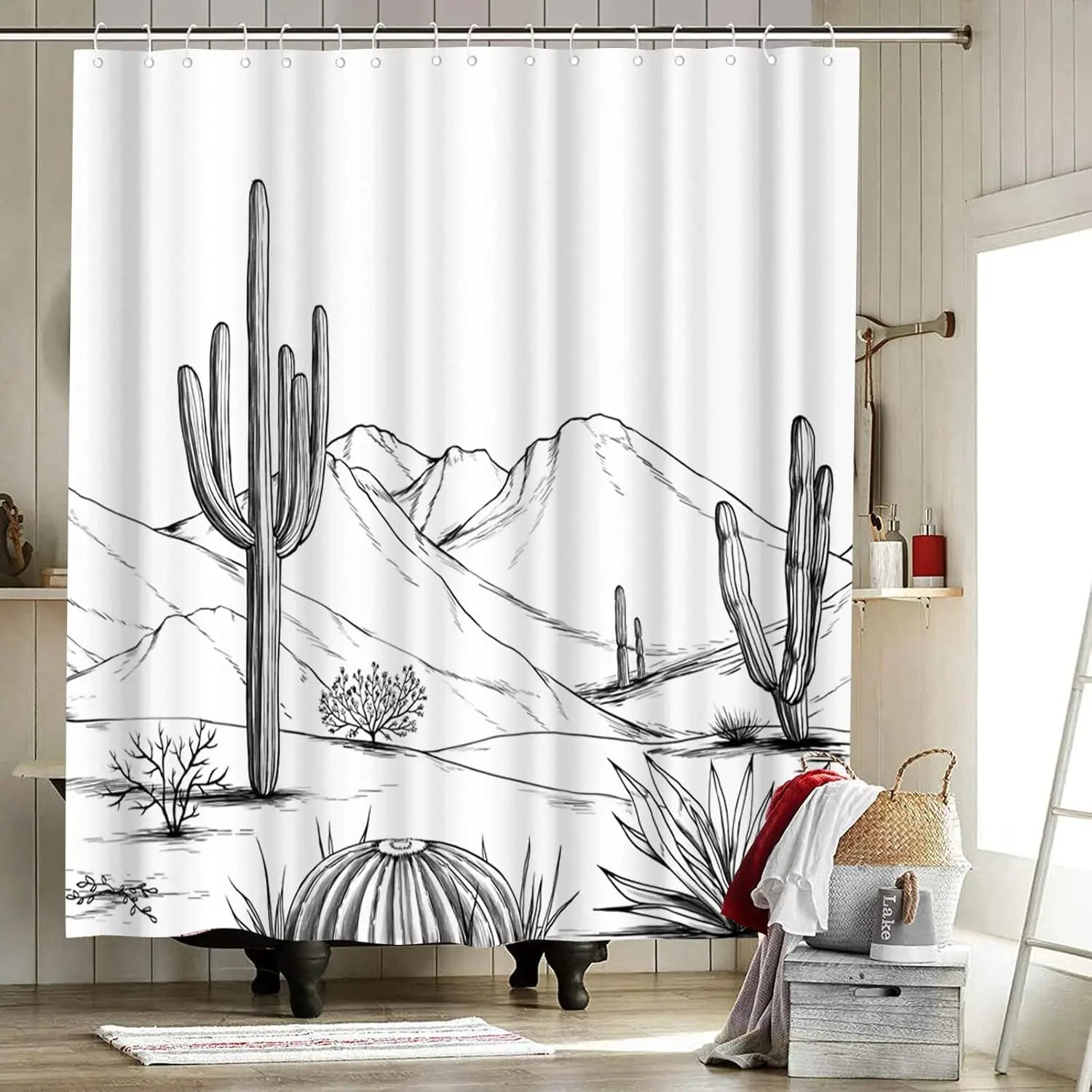 

Western Shower Curtain Aztec Cactus Desert Bath Curtain Black White Bathroom Decor with Hooks Waterproof Fabric 72"×72"