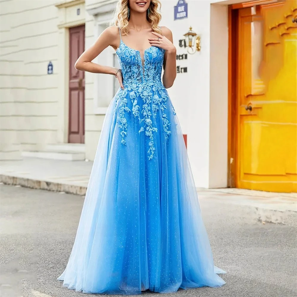Tüll-Abendkleider für Damen, V-Ausschnitt, langes Ballkleid, Spitzenapplikation, formelle Partykleider, Robes de Soirée, Partykleid