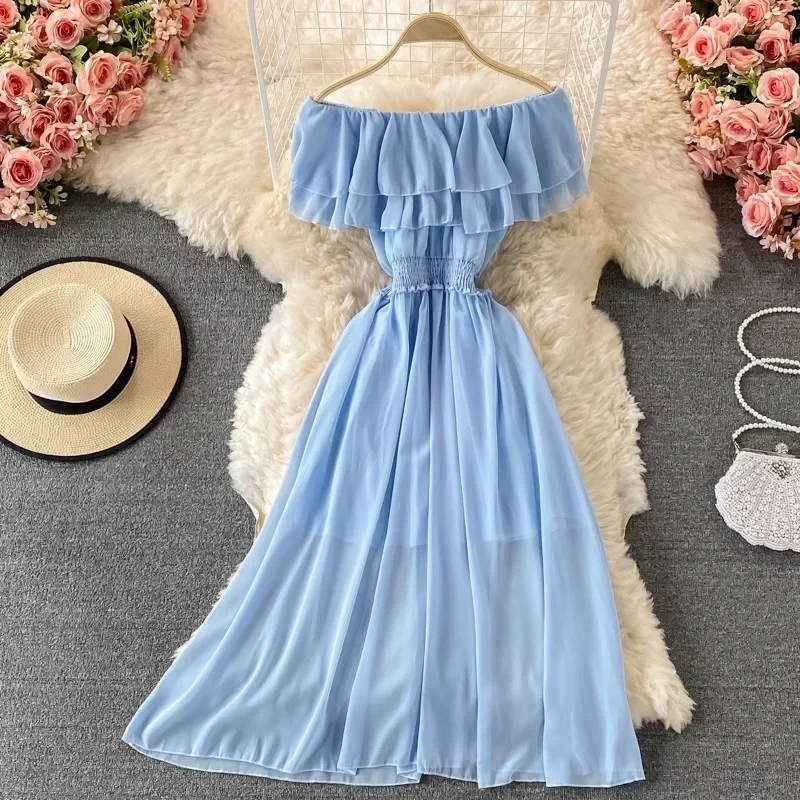 Korejepo Bali Holiday Beach Dresses Slim Big Swing Long Dress Sexy Off The Shoulder Slim Shoulder Leaf Edge Chiffon Clothes