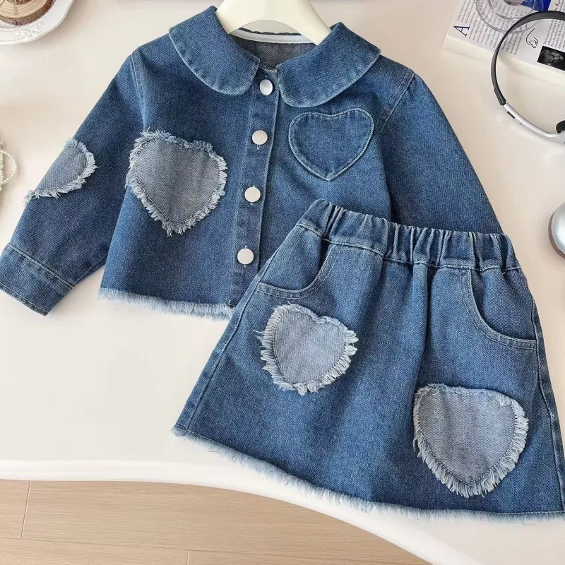 

2Pieces Set Kids Girls Denim Overcoat Denim Skirt Suit With Patchwork Love Decort Outfit Child Girl Clothes Jacket Wear Autumn