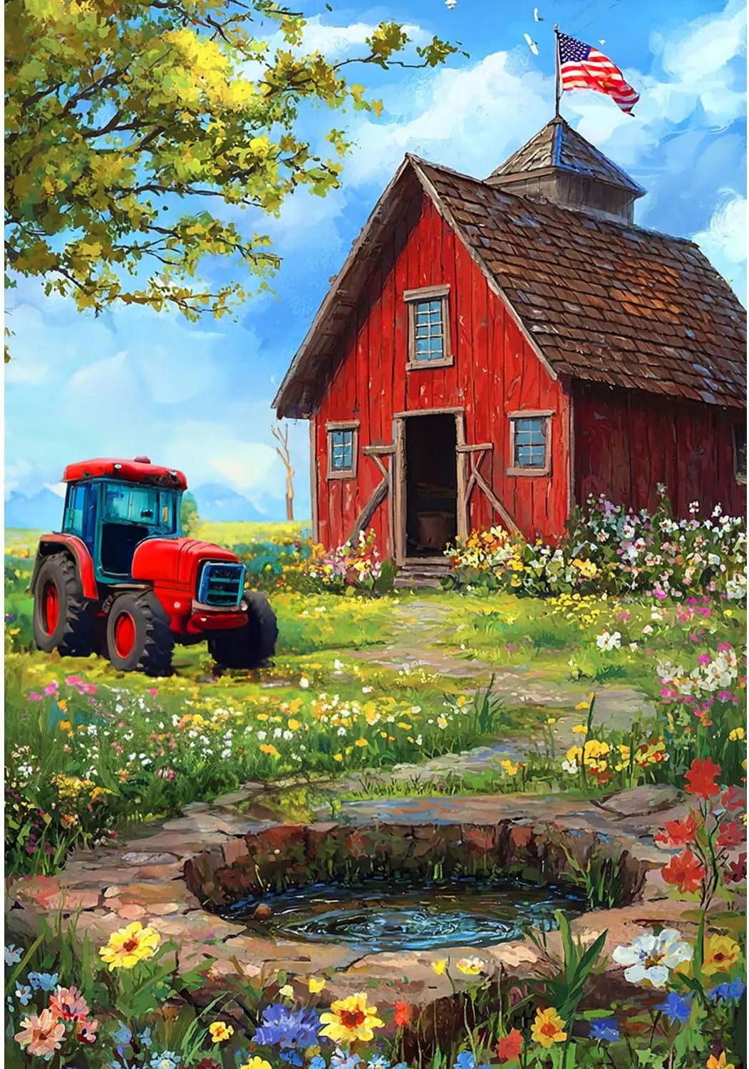 America Forever Patriotic Red Schoolhouse Garden Flag, 12.5 x 18 inch Double Sided, American Flag Tractor Country Farm, Spri zzo