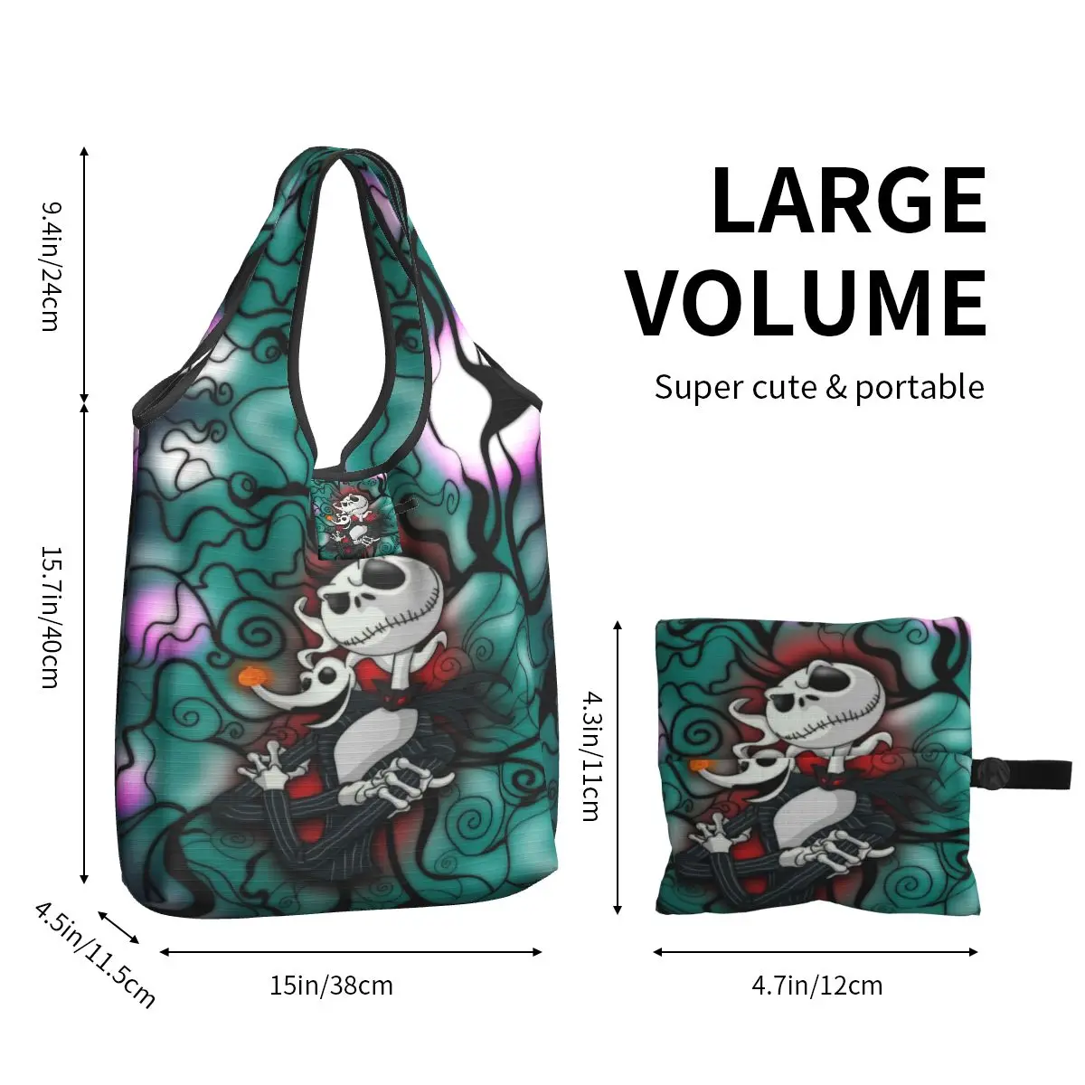 Custom Cute Jack Skellington Halloween Film Shopping Tote Bag Portable Groceries Shopper Shoulder Bag