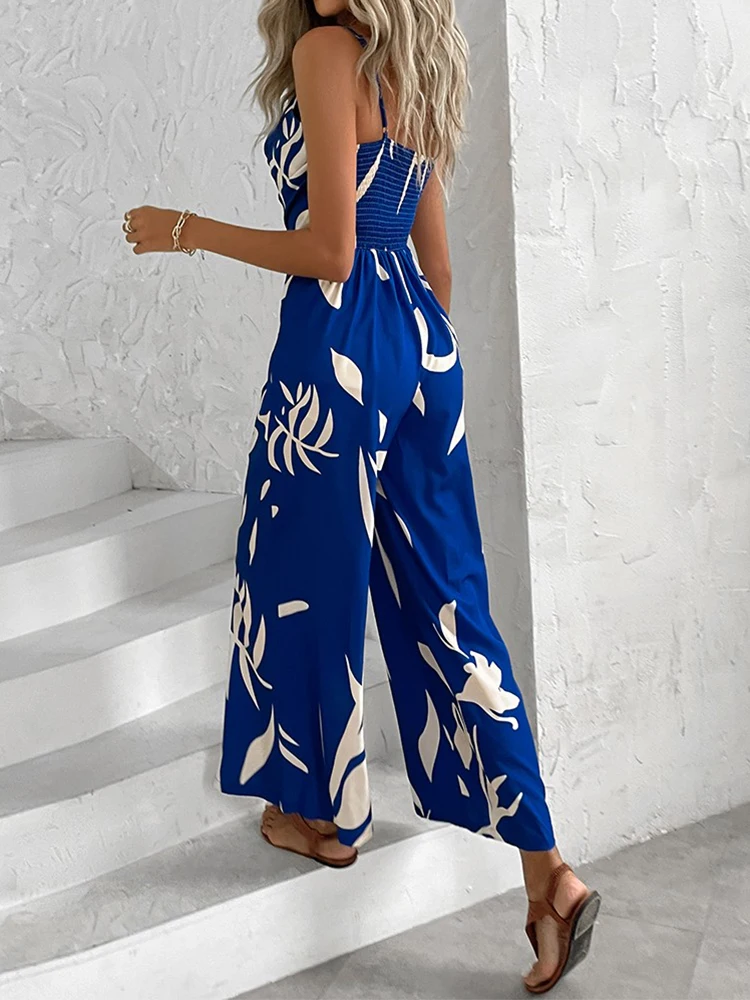 Plants Print Tied Detail Wide Leg Jumpsuits