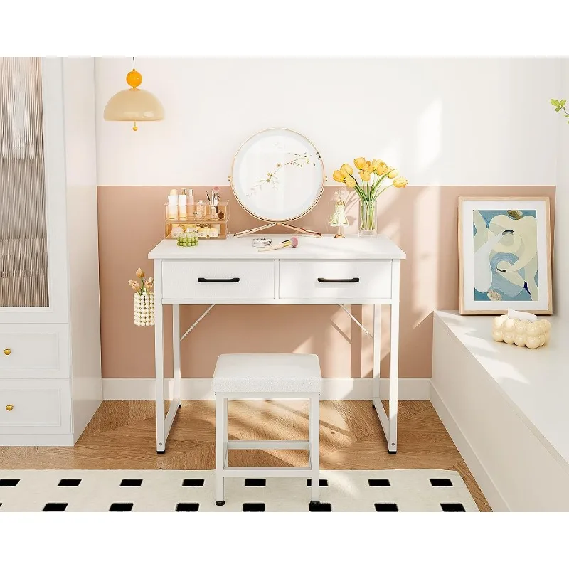 Vanity Desk with 2 Fabric Drawers, 32 Inch Makeup Vanity Without Mirror, Small White Vanity Desk for Bedroom, MakeupVanity Table