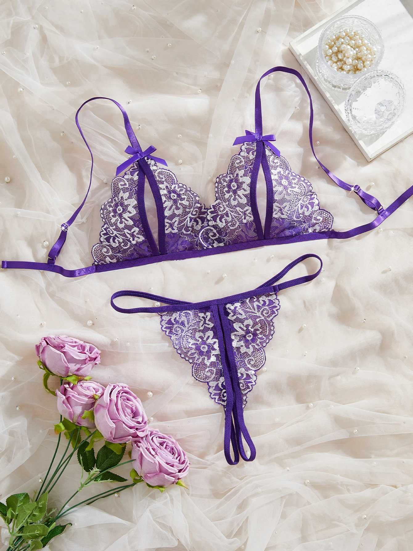 Purple Lace Lingerie Set Women Hot Open Crotch Transparent Sexy Bra And Thongs Sets Sex Temptation Erotic Couples Date Underwear