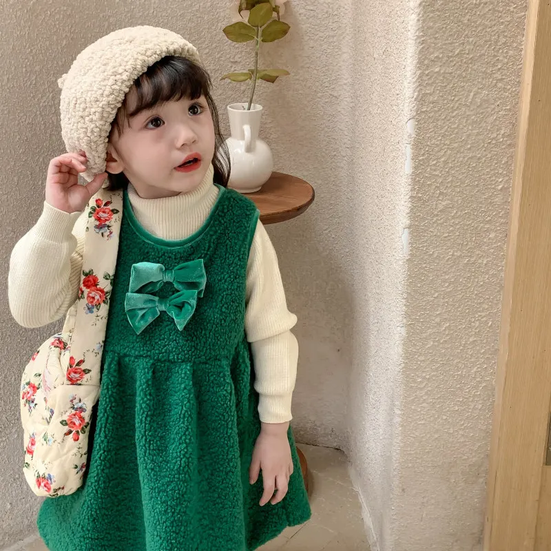 

Korean Girl Lamb Wool Fleece-Lined Thickened Vest Dress Autumn Winter Bow Sweet Vest Dress