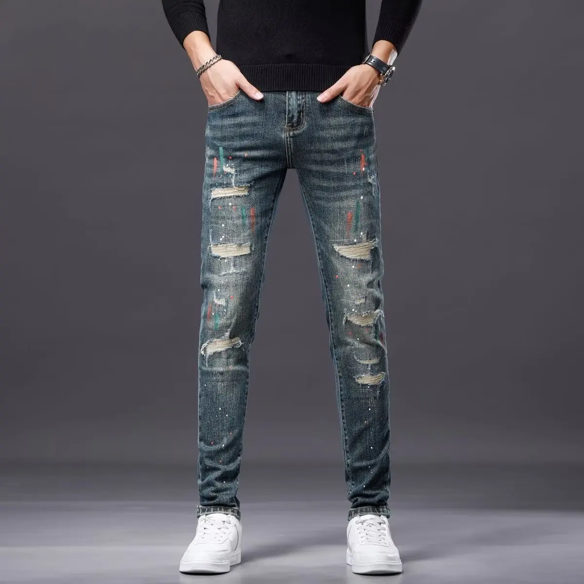 

Retro Distressed Ink Splatter Hole Patch Men's Slim Fit Jeans Korean Style Trendy Casual Long Pants Spring Autumn Wear