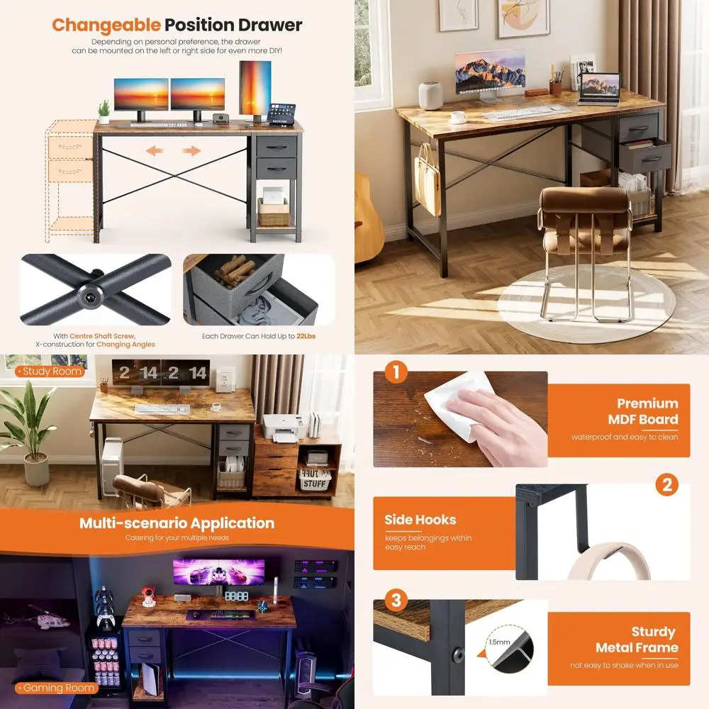 

40 X-Frame Wood Desk with Adjustable Shelves, Home Office Writing Table, Side Hook Storage, Rustic Style