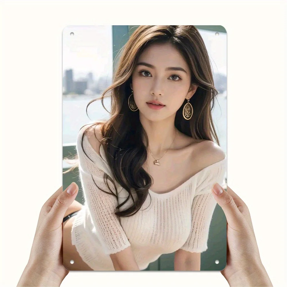 HD Metal Tin Sign, Stunning Asian Girl in White Off-Shoulder Knit Sweater Vintage Poster, Casual Elegant Style Wall Art Decor fo
