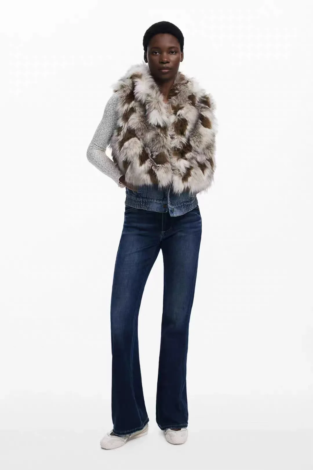Spanish original European and American style women's vest jacket ecological fur contrasting splicing design light luxury trend