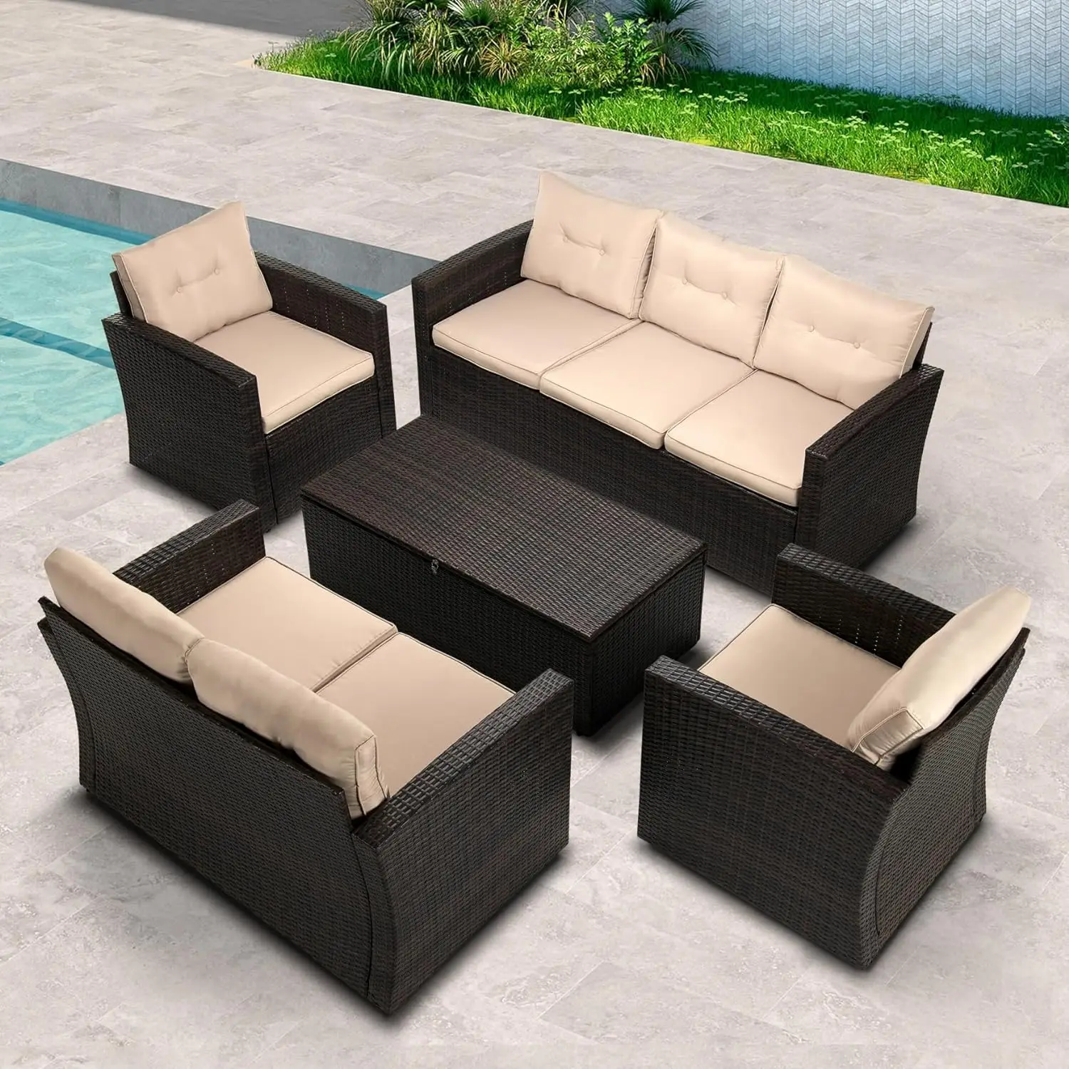 

5 PCS Wicker Patio Conversation Set, All Weather PE Rattan Sectional Sofa Set with Storage Coffee Table, Outdoor Furniture Set