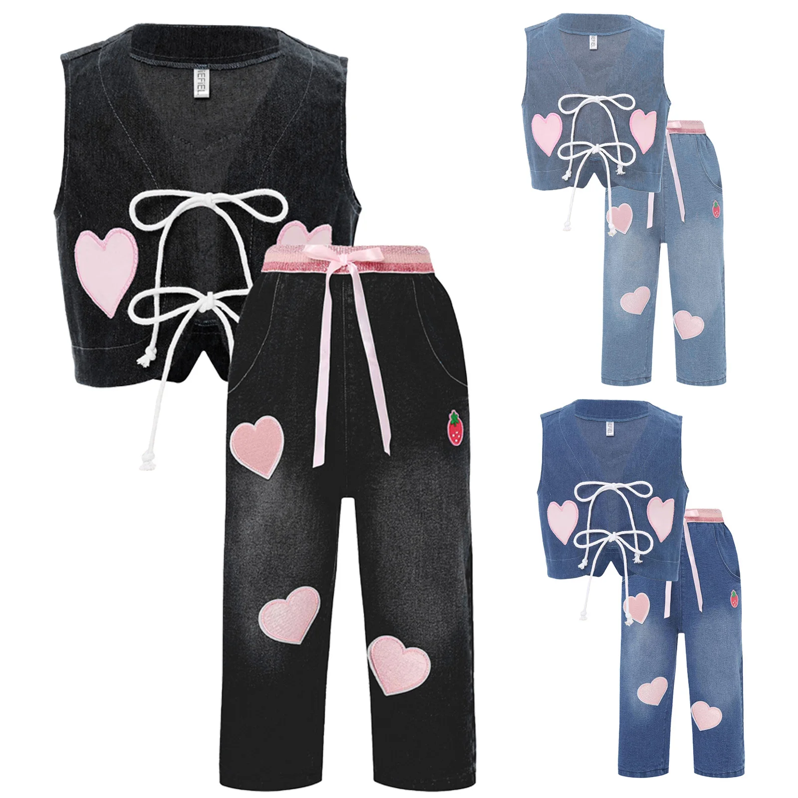 2-teiliges Kleinkind-Baby-Mädchen-Valentinstag-Outfit für kleine Mädchen, niedliche Herzen, Erdbeer-Stickerei, Jeans-Kleidungssets