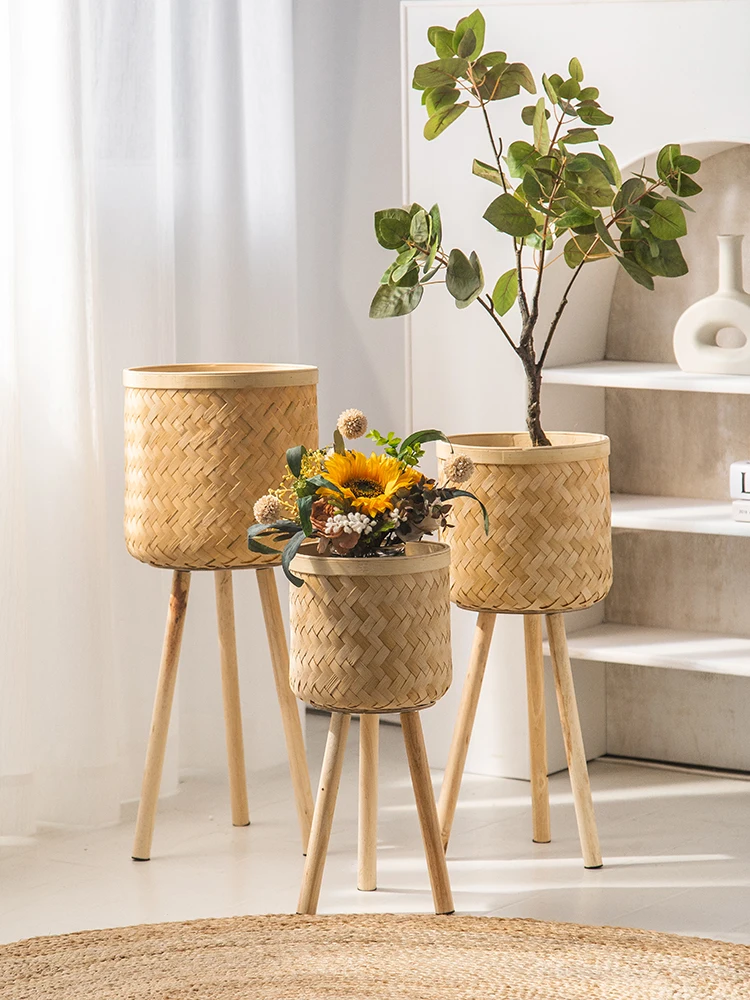 Nordic high foot flower frame rattan woven flower basket flower pot bamboo woven flower frame living room floor type shelf