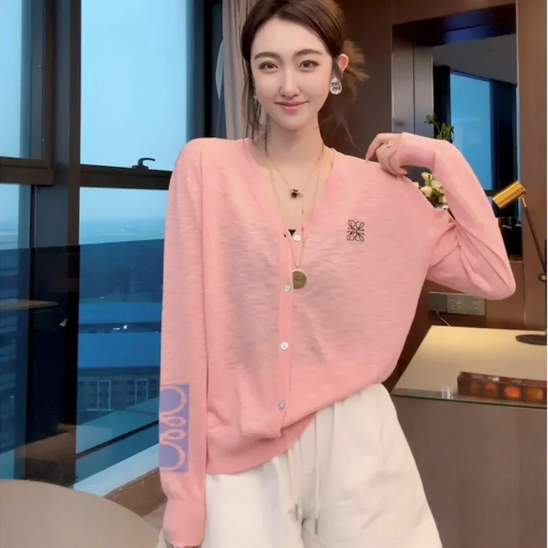 

Black White Pink Knitted Cardigan Embroidery Spring Autumn Coat Women Thin Sunscreen Clothing Lazy Loose Long Sleeve Tops Casual