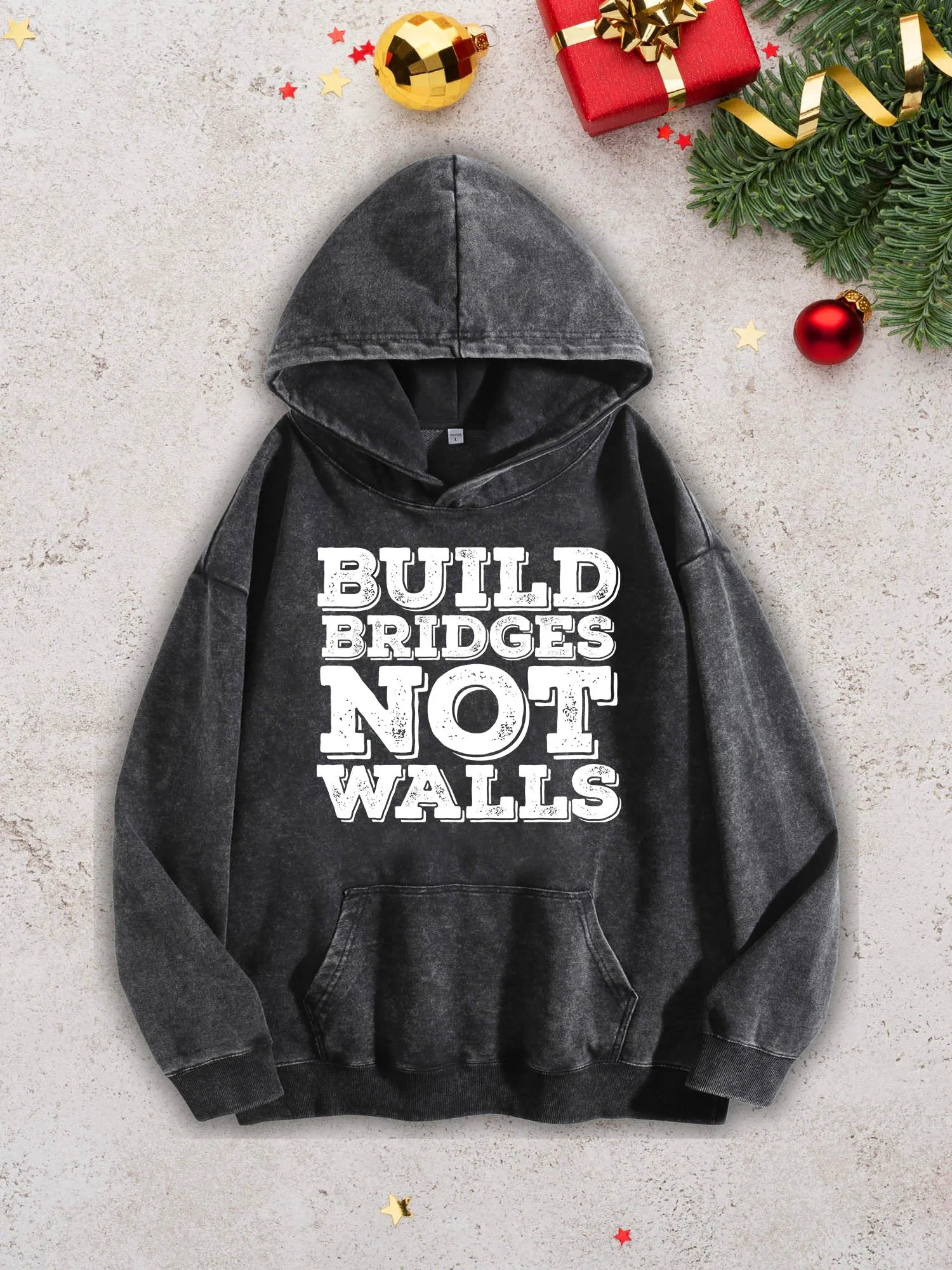 سترة بقلنسوة ثقيلة الوزن للرجال من Build Bridges Not Walls - بلوفر أسود كلاسيكي لغسل الأحماض، سترة خريف وشتاء 400Gsm