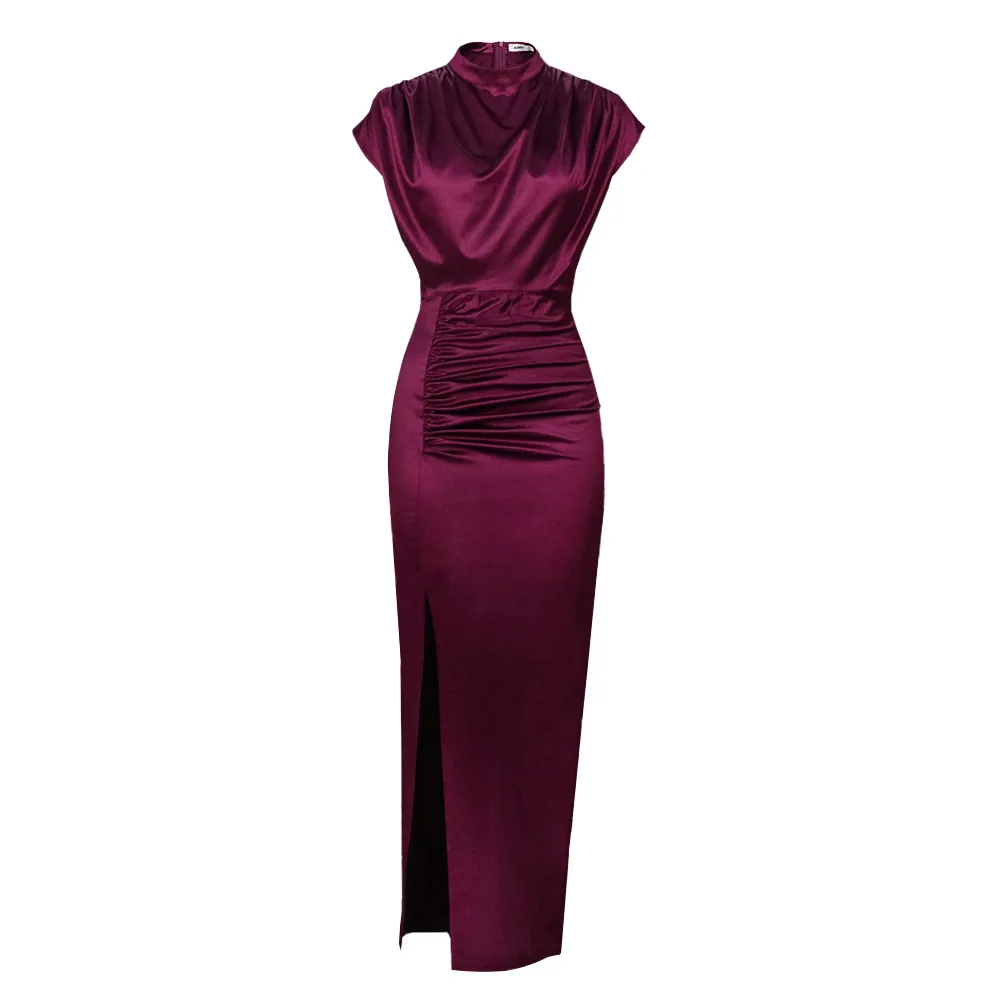 Abito lungo in raso bordeaux taglie forti da donna, scollo a cappuccio, maniche a cappuccio, vita arricciata, vestito aderente con spacco, abiti da sera per feste africane