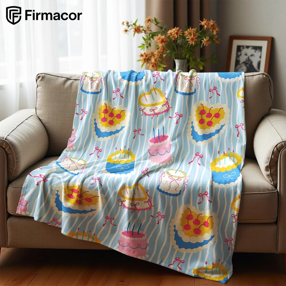 Pastel Birthday Cake Bow Striped Anime Cartoon Flannel Blanket Soft Warm Throw for Bedroom Sofa Car Kids Holiday Gift