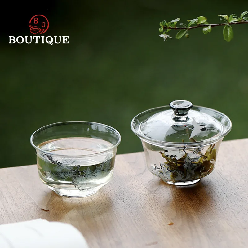 Pine And Crane Gaiwan Original Glass Tea Bowl Chawan Heat-Resistant Handmade Kung Fu Set Tea Cup Tool Gai Wan Cover Maker 200ml view 2