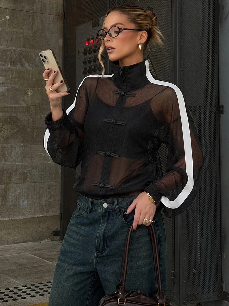 Weird Puss Mesh Patchwork T-Shirts Woman Bow Decoration Zip Stand Collar Full Sleeve Hot Girls High Street Fashion Style Tees