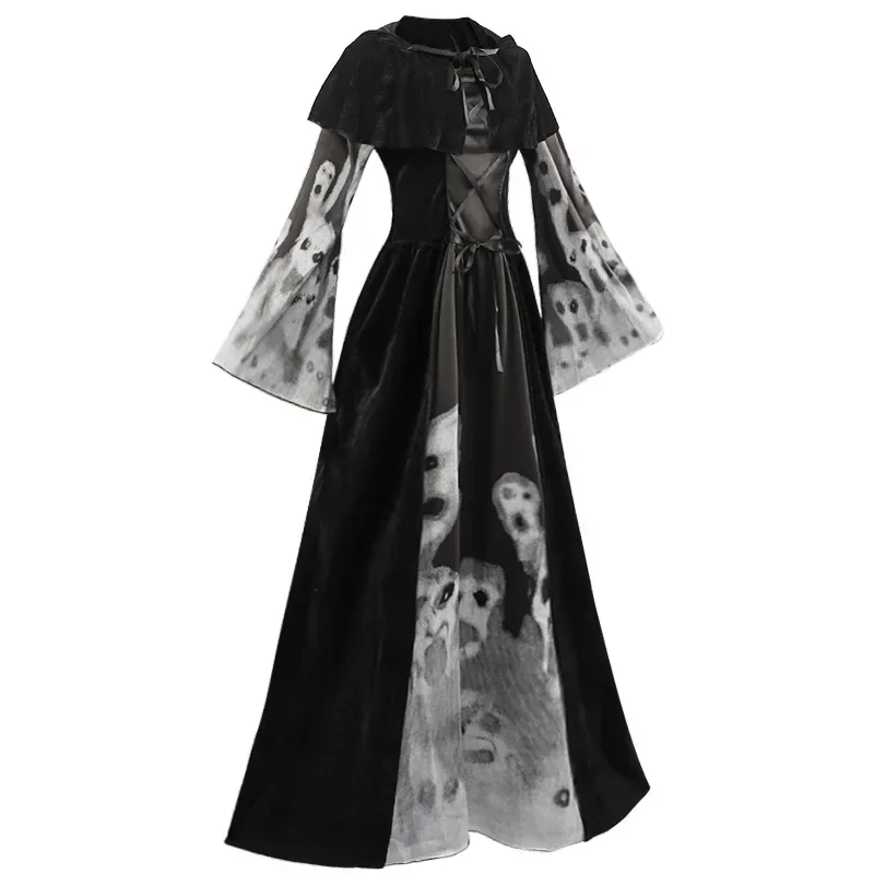 Disfraz de Halloween Vintage para mujer, vestido gótico de bruja, vampiro, fantasma, vestidos de fiesta estampados, fantasma Medieval, ropa de novia