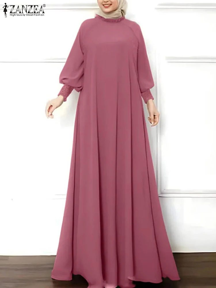 

Autumn Muslim Dress 2024 ZANZEA Women Vintage Long Lantern Sleeve Solid Abaya Sundress Robe Femme Eid Mubarek Ramadan Vestido