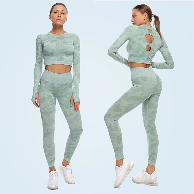 

2PCS Yoga Camouflage Printed Seamless Women Long Sleeve Sports Top Leggings Suits Workout Outfits Running Gym Fitness Sportswear