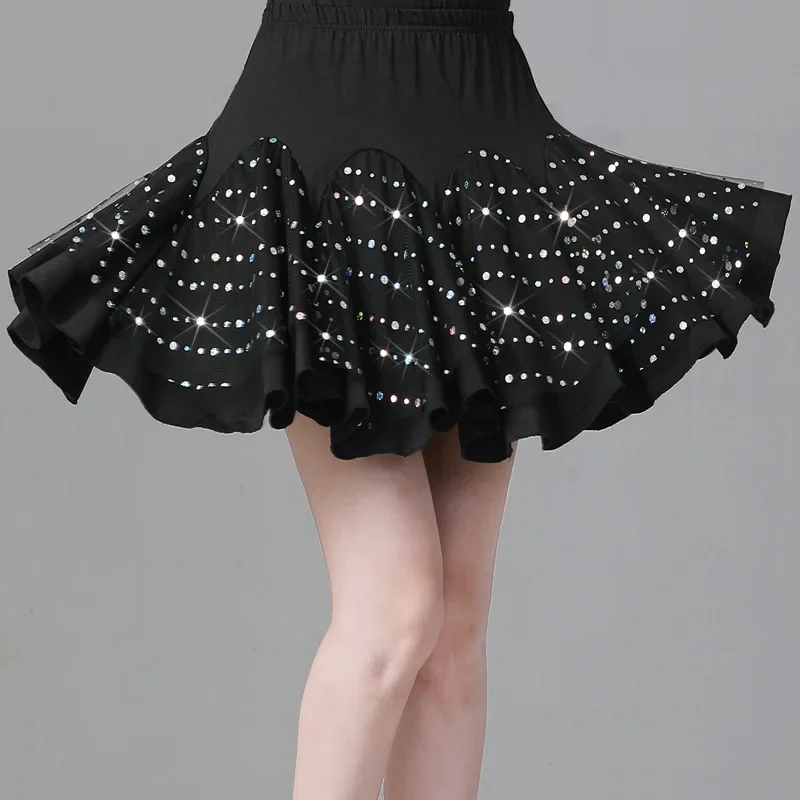 New Swing Skirt Latin Dance Skirt Women Dance Practice Clothes Square Dance Sequins Short Skirt New Ballroom Women Competition