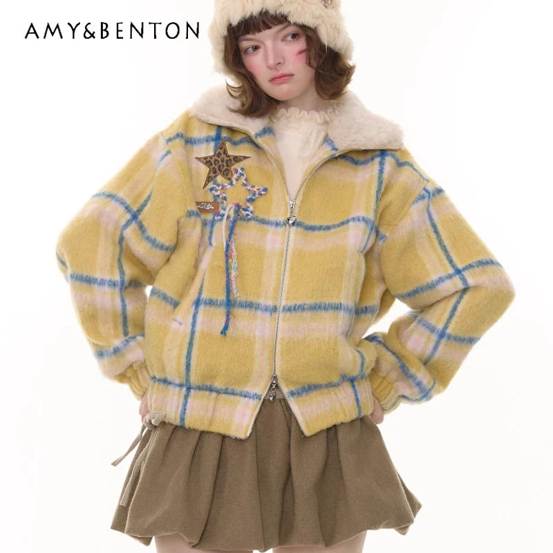

Vintage Design Yellow Plaid Fur Collar Thickened Women's Coat 2025 Autumn Winter New Star Pattern Versatile Woolen Coats Ladies
