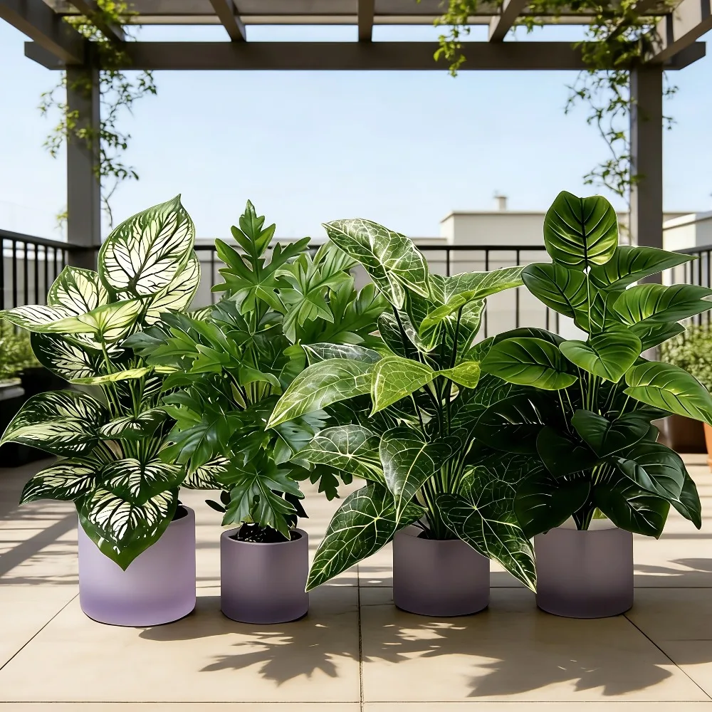 4PC Artificial Plants with 48Leaves Large Fake Fan-leaf Sunflower Tree Plastic Plant Leaves Artificial Jungle Palm Tree for Home
